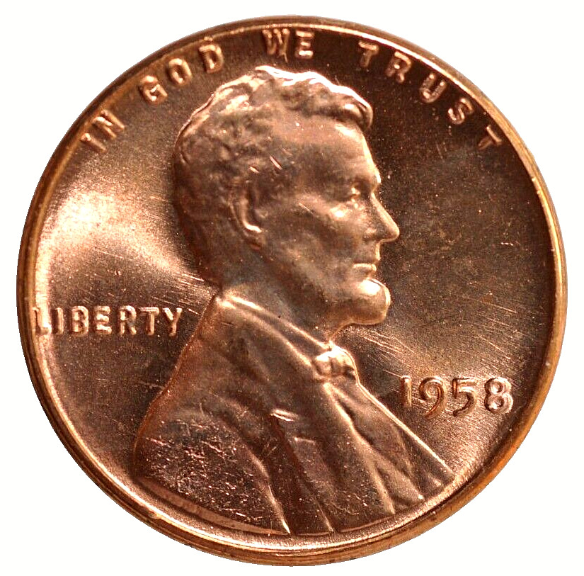 1958 Lincoln head wheat cent copper penny. Uncirculated in RED MS condition.