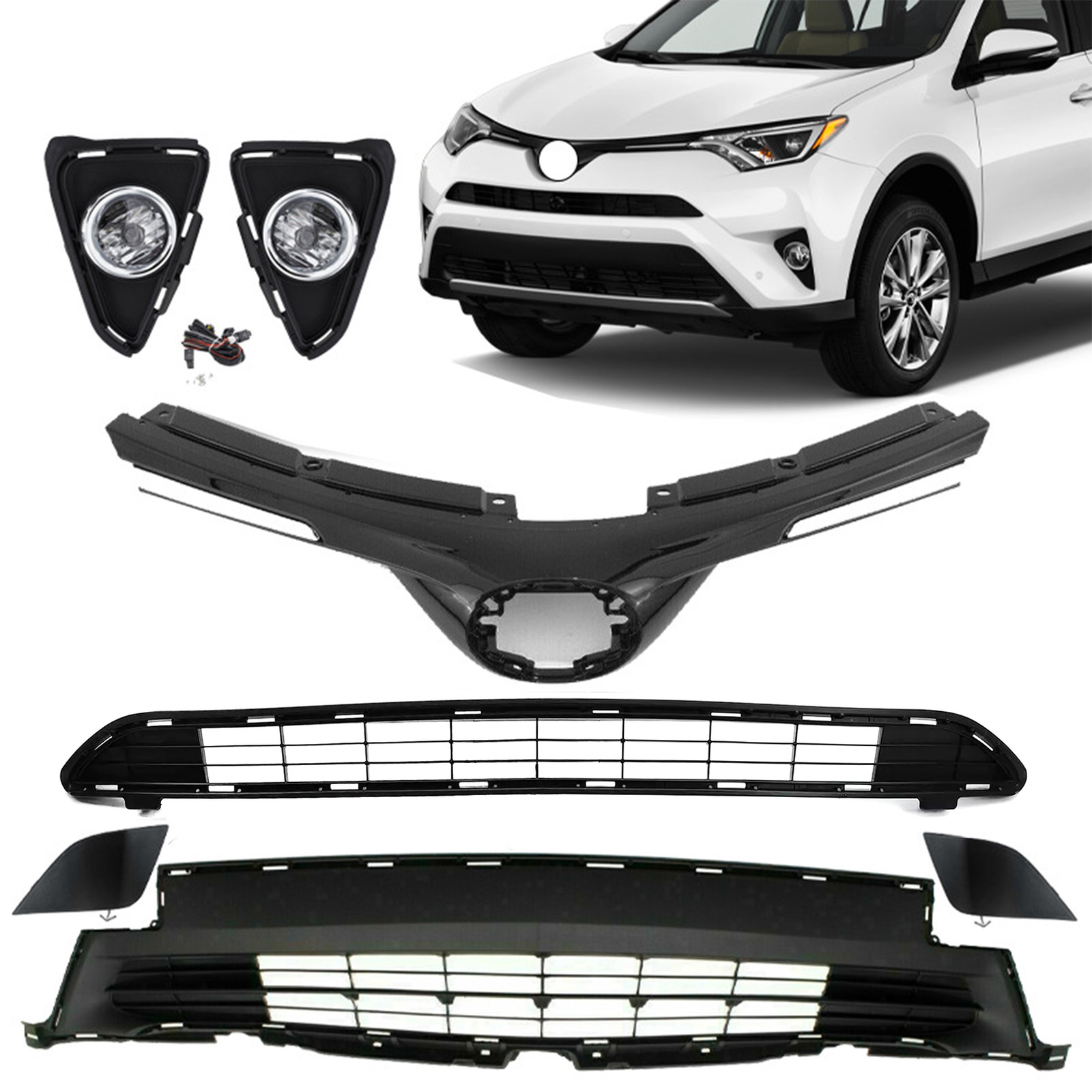 Front Upper Lower Grille Foglights Towing Cover Set For 2016-2018 17 Toyota RAV4