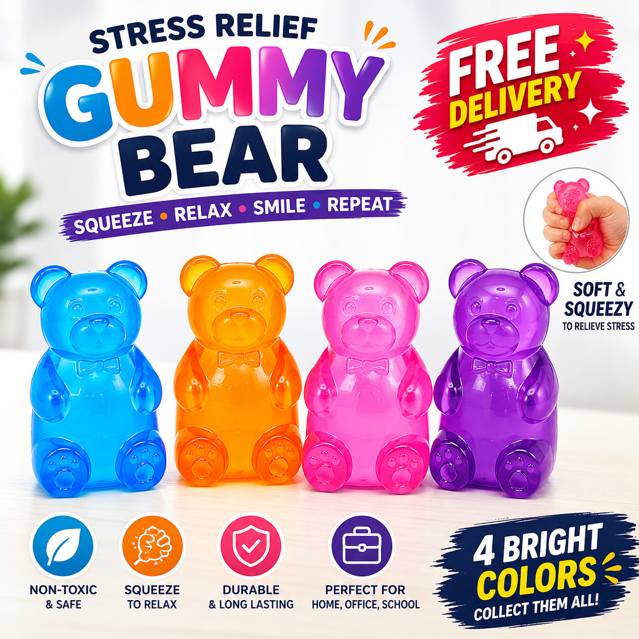 Stress Relief Squeeze Gummy Bear Squishy Fidget Toy Soft Sensory Stress Ball