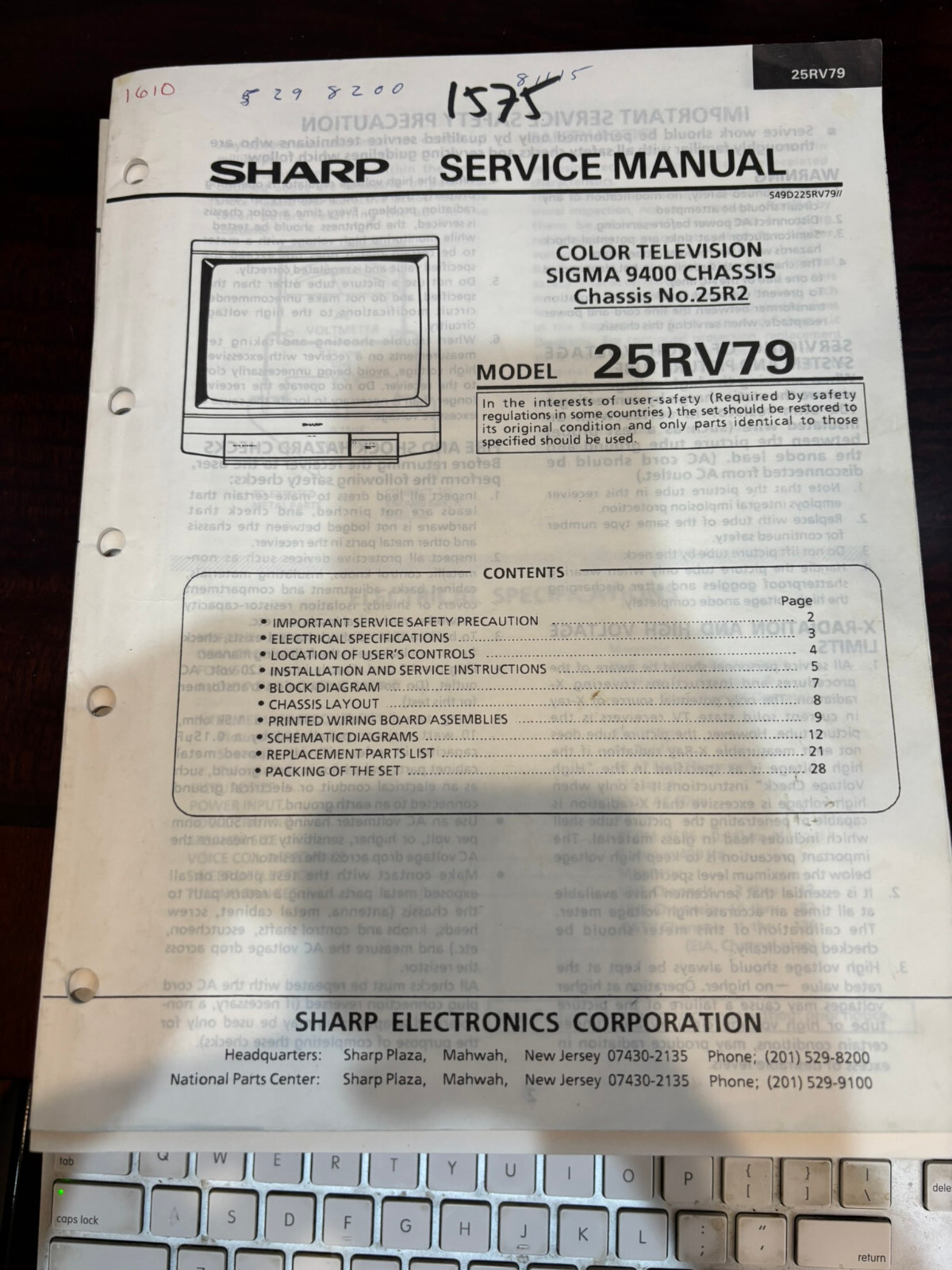 ORIG. SHARP 25RV79 TV Repair & Service Manual *ORIGINAL*
