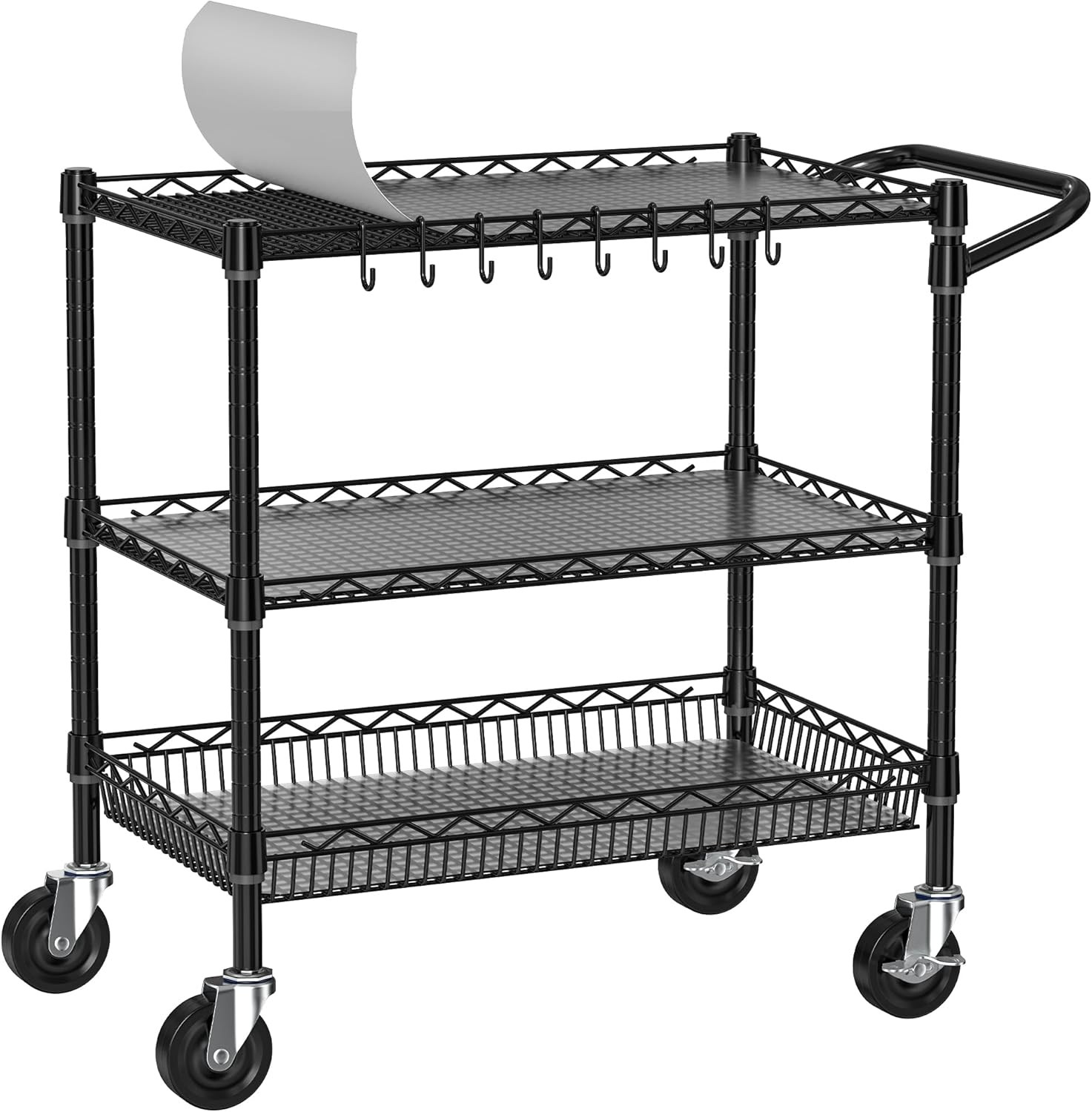 Heavy Duty 3-Tier Rolling Cart with Wheels - Metal Kitchen Organizer, Black