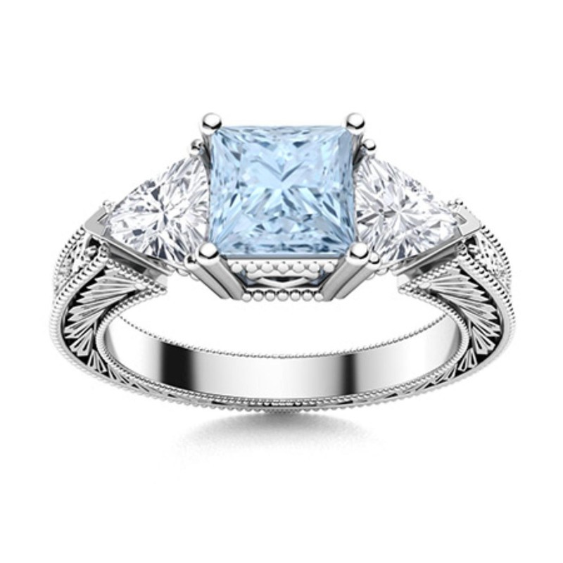 Princess-cut Aquamarine 925 Sterling Silver Three Stone Vintage Ring For Women