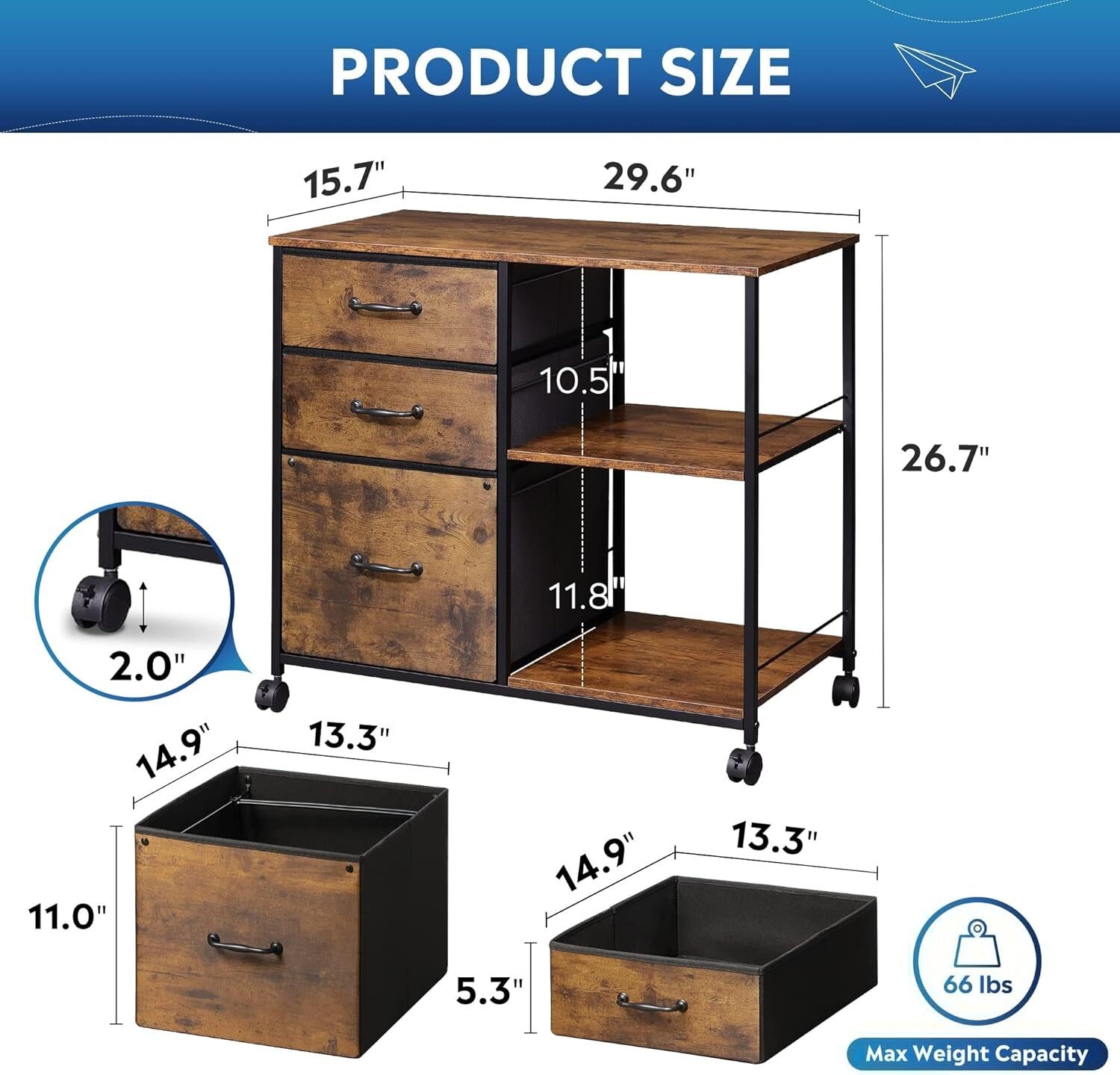 3 Drawer Mobile File Cabinet Rolling Printer Stand W/ Open Storage Shelf Office