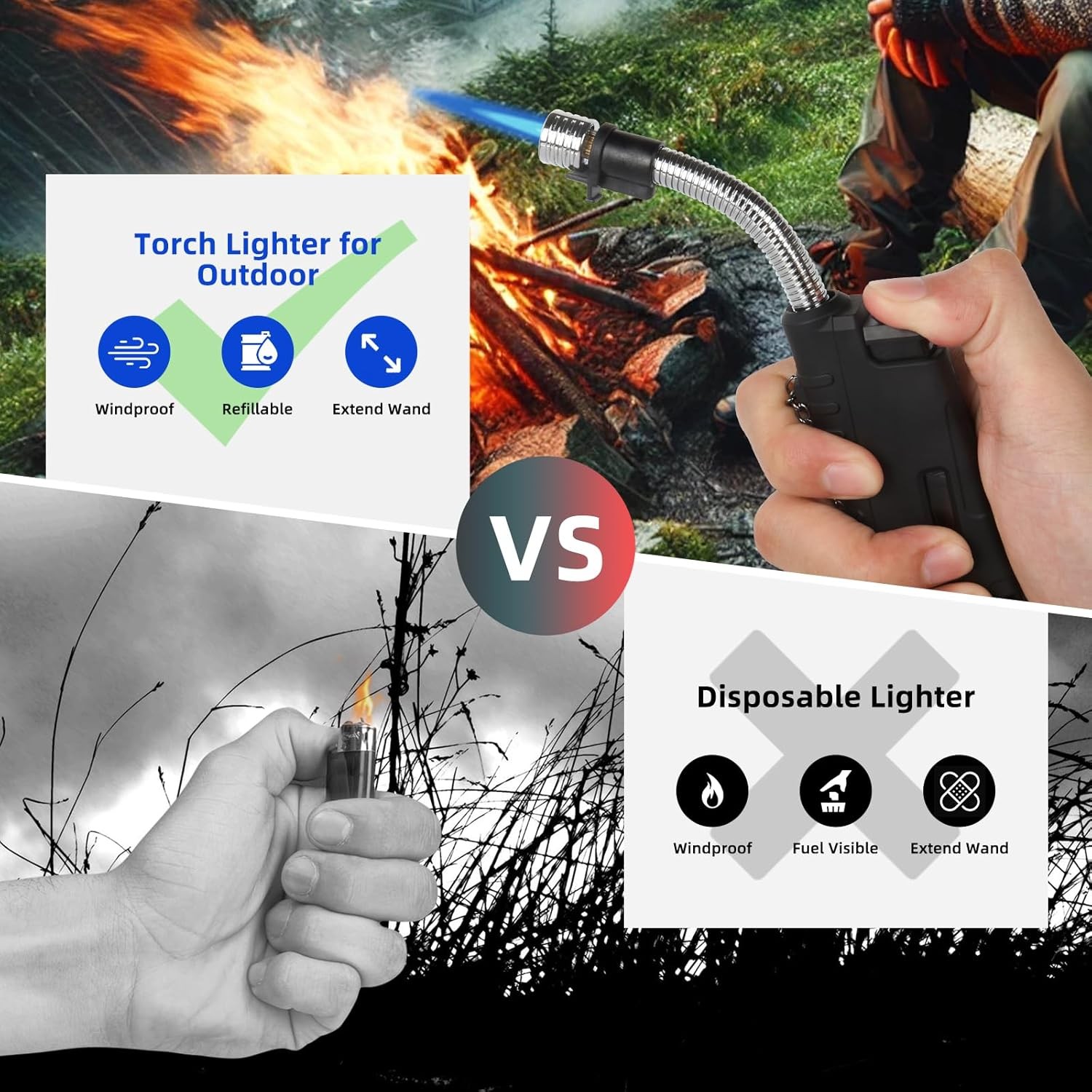 Navpeak Torch Lighter Flexible Wand Telescopic Windproof Jet Flame Orange