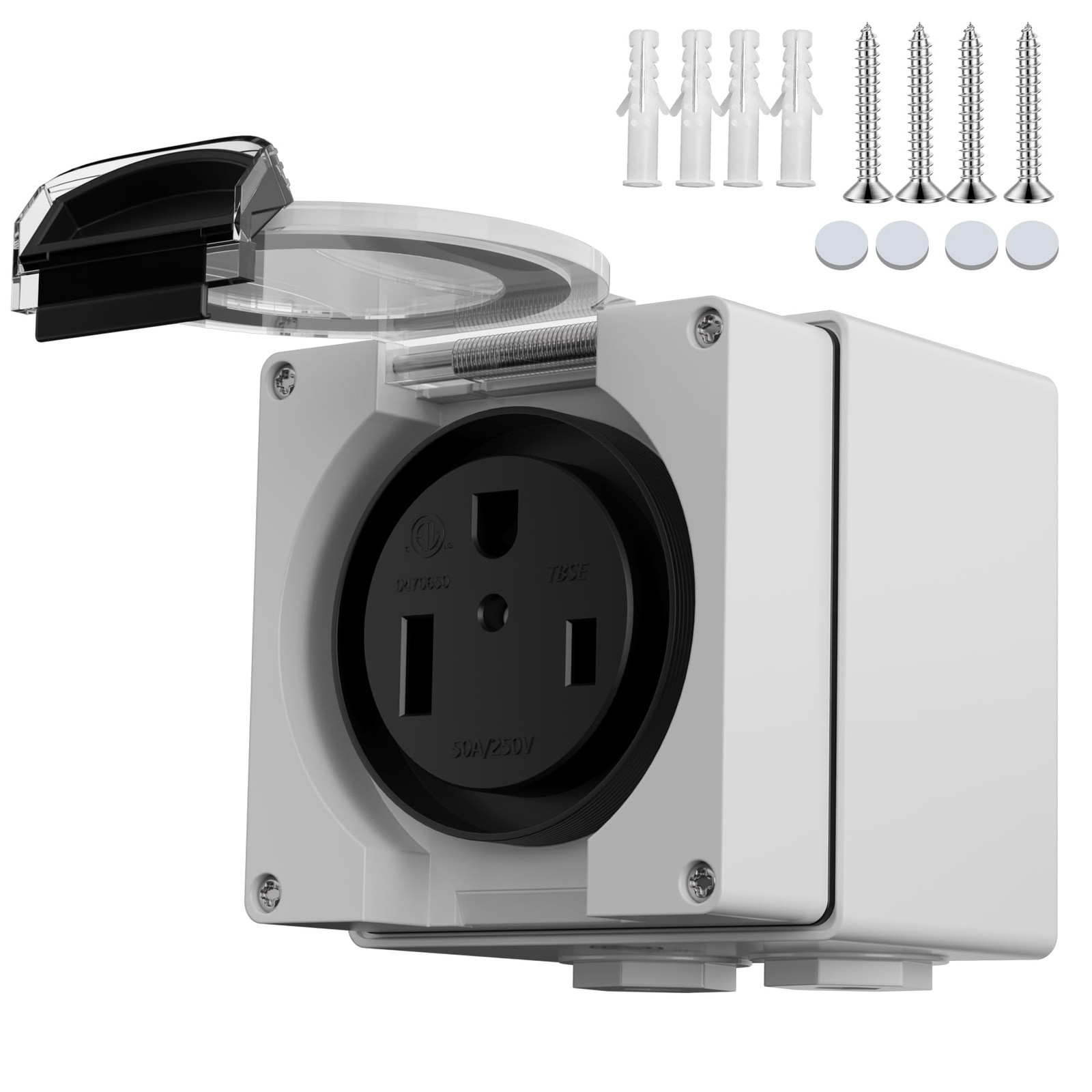 50 Amp Power Outlet Box, NEMA 6-50R Receptacle, 250V Heavy-Duty Outdoor Dustp...