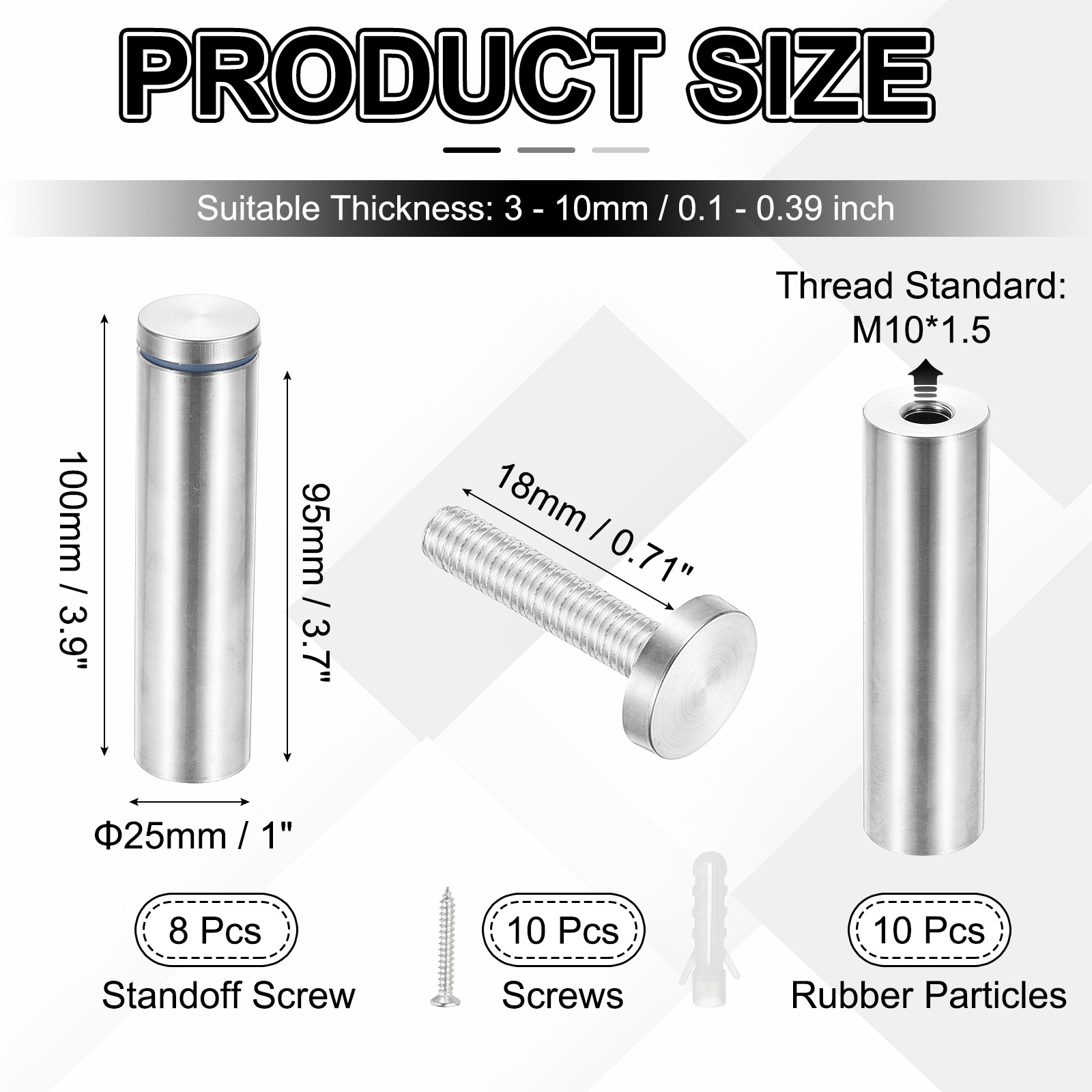 1x3.9" Standoff Screws, 8 Pack Stand Off Wall Mounts, Silver