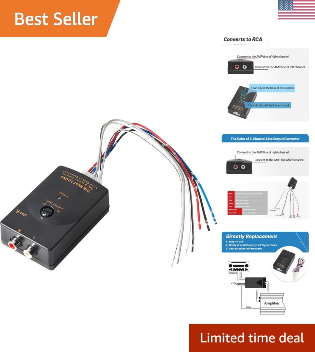 Car Audio Speaker Wire to RCA Line Output Converter, 2-Channel High to Low RC...