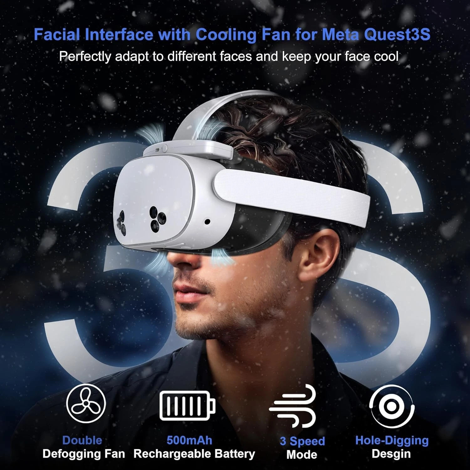 Facial Interface Cooling Fan for Meta Quest 3S Accessories, Soft PU Leather & Ic