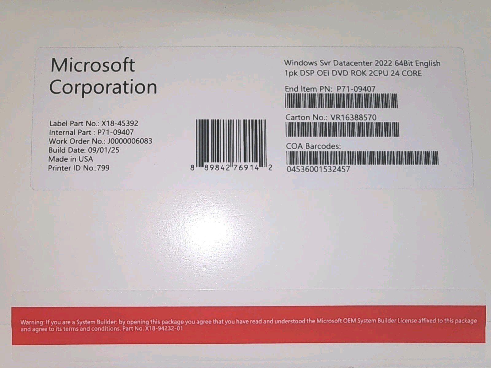 Windows Server 2022 Datacenter - 24 Core Genuine License, DVD/COA (Authentic)