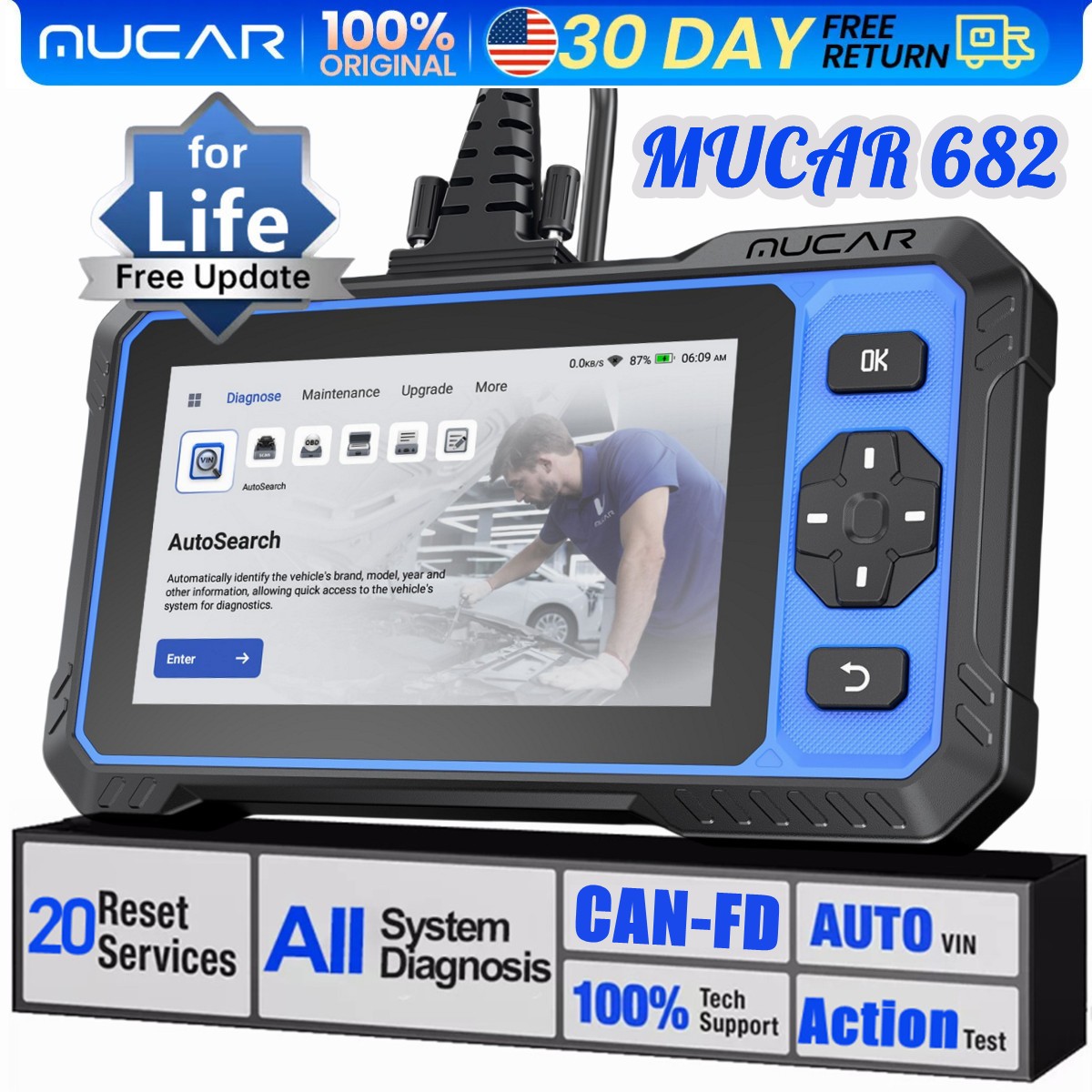 MUCAR 682 Bidirectional OBD2 Scanner Car Diagnostic Scan Tool FCA Full System AI