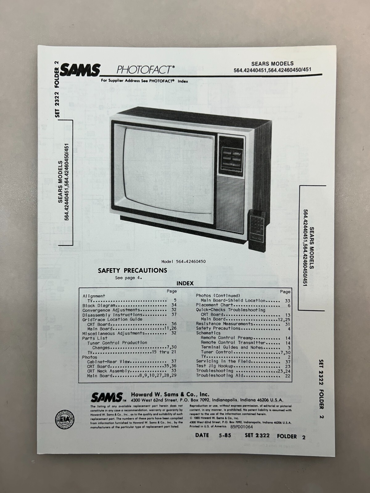 Sears 564.42440451 42460450 Service Manual Sams Photofact Free Shipping
