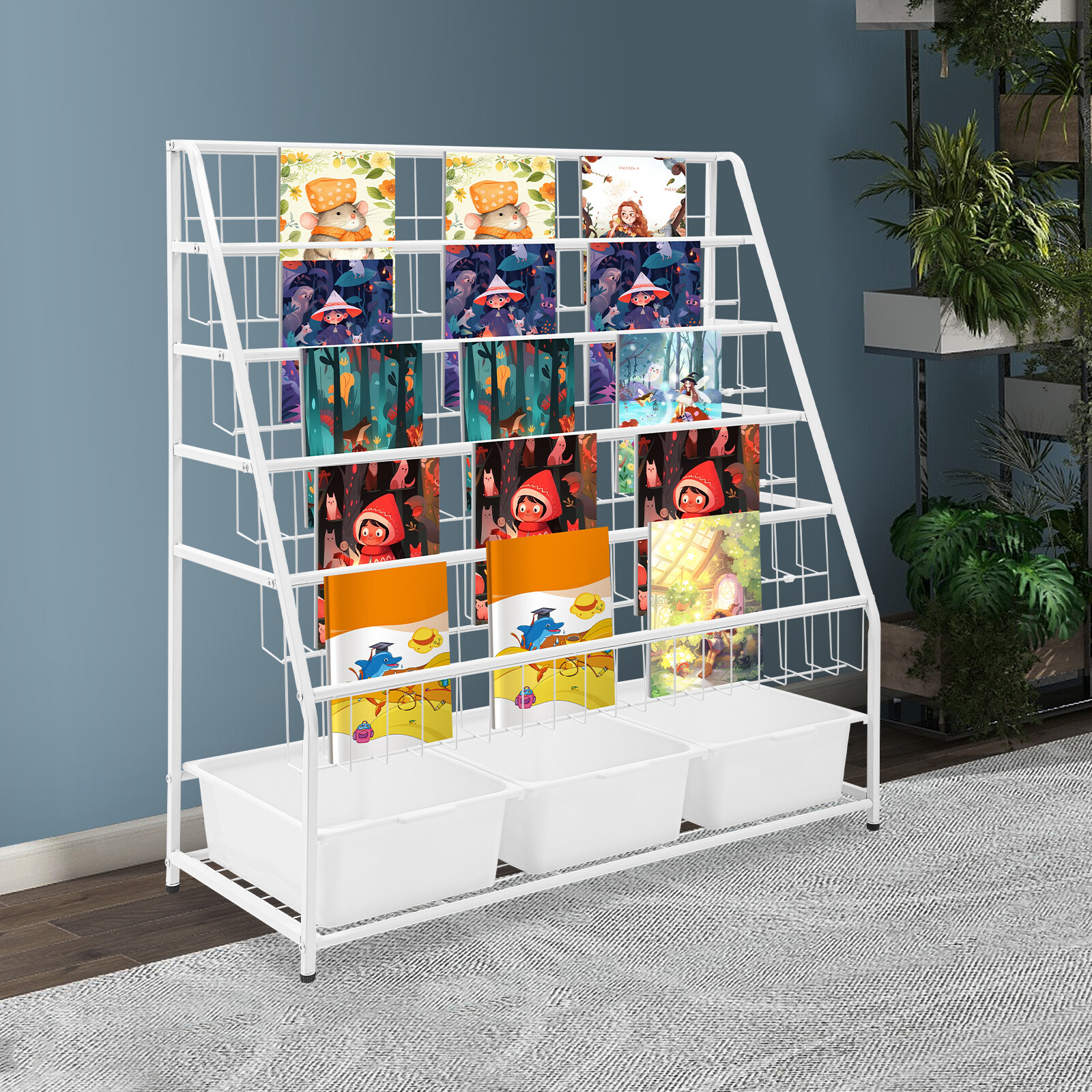 5 Tier Freestanding Kids Bookcase Metal Book Display Rack w/ 3* Storage Bins NEW