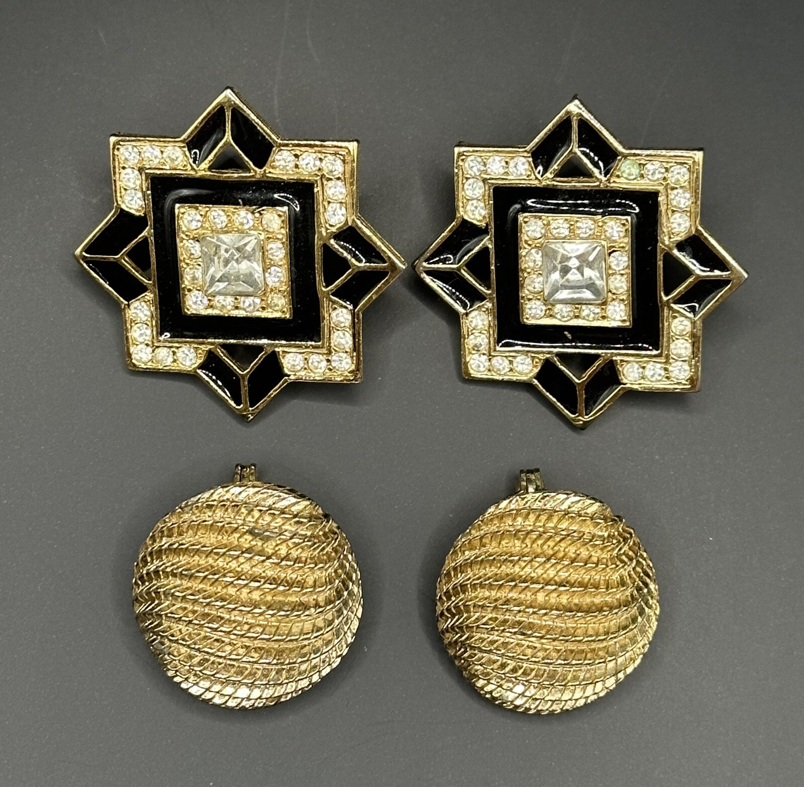 Lot of 2 Vintage Signed Monet Gold Tone and Rhinestones Black Enamel Earrings