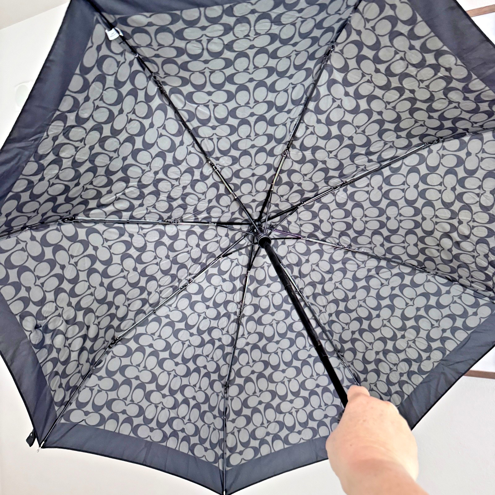 COACH Push-Button Umbrella In Signature “C” Print Gray & Black with Wrist Handle