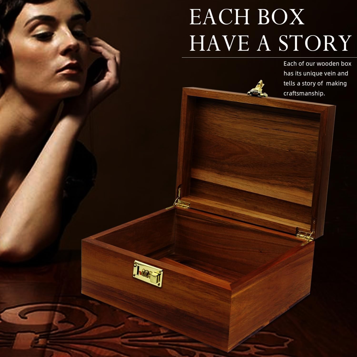 Large Wooden Storage Box with Hinged Lid & Combination Lock Keepsake Chest