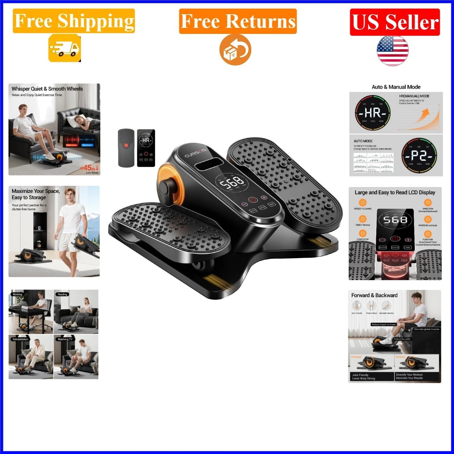 Orange Under Desk Elliptical Machine with 12 Speeds, Remote, Auto and Manual ...