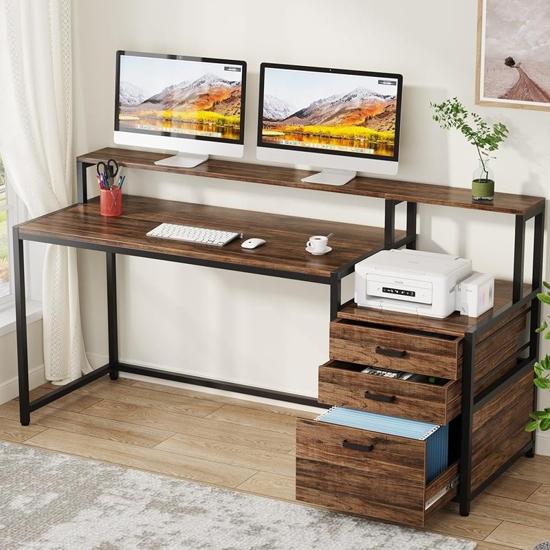 Ergonomic Computer Desk W/ Storage Cabinet Two-Tier Workstation Organizer New