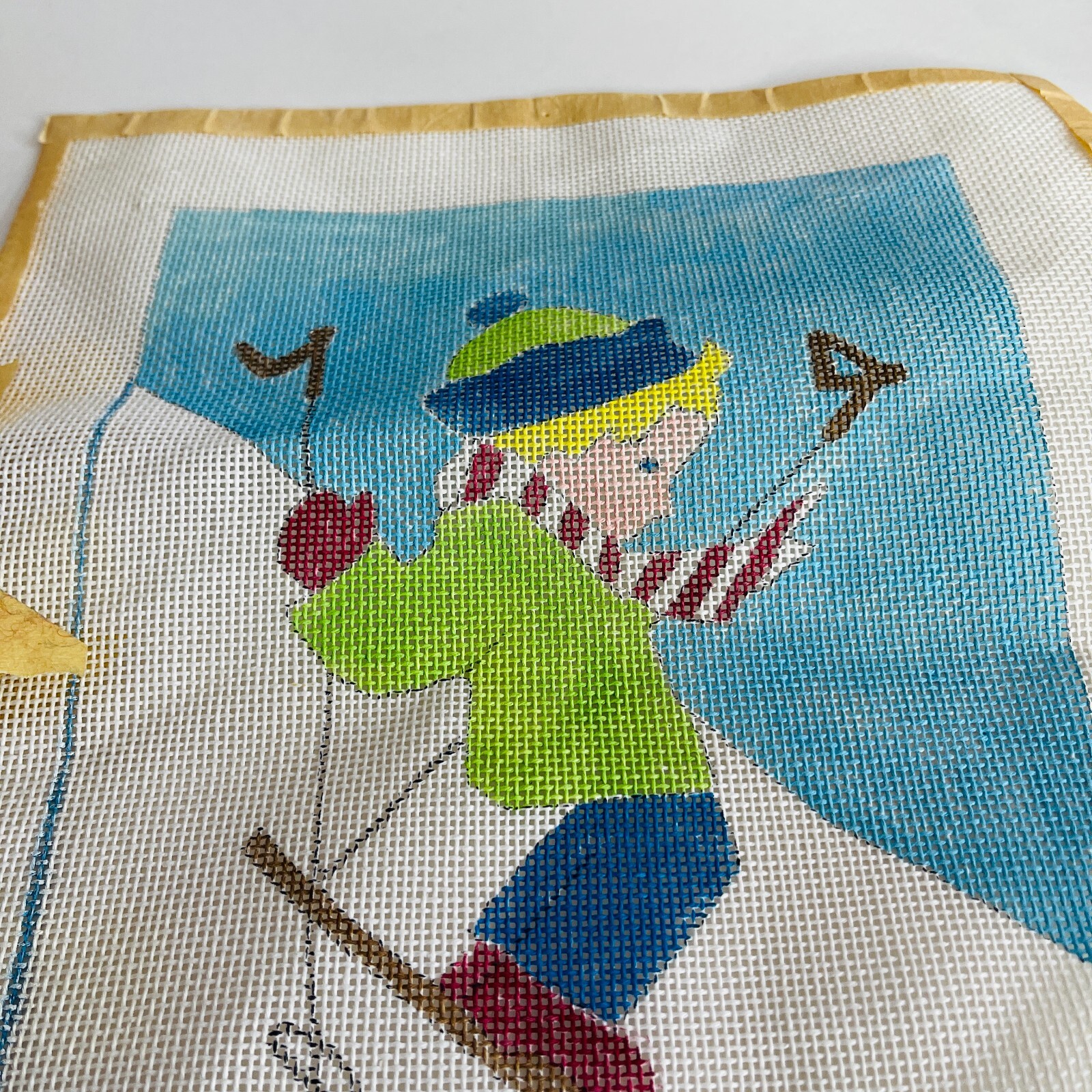 Hand Painted Needlepoint Pattern Canvas Boy Skiing Ski Scarf Blue Sky