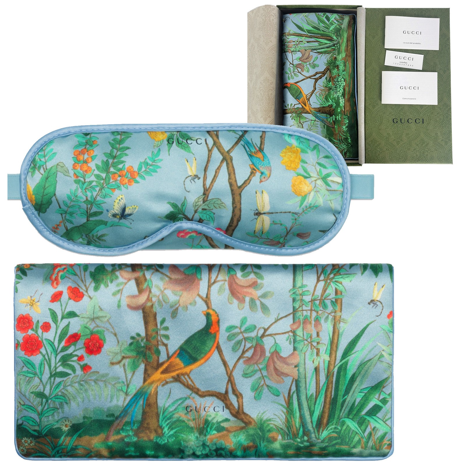 GUCCI SLEEP MASK TIAN PRINT TRAVEL POUCH SET BLUE SILK SATIN 662423