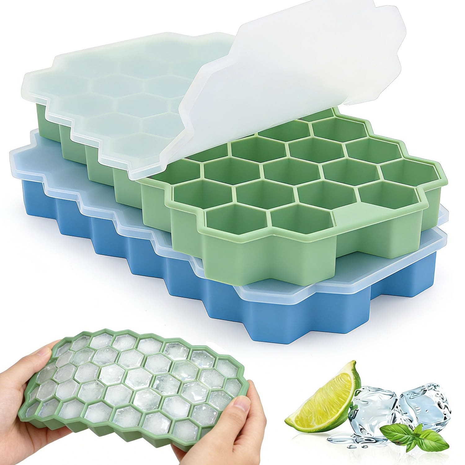 2 Pack Silicone Ice Cube Trays With Lid - 37 Grid Small Ice Cube Molds