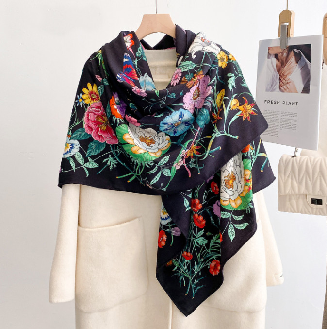 70% Cashmere 30% Silk Bandana Shawl Scarf Neckerchief 53'' flower Print Wrap new