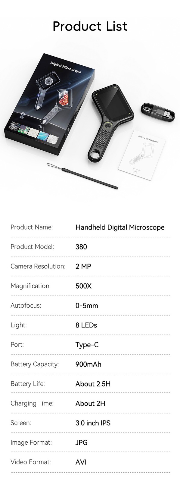 Digital Magnifier with 3inch IPS Screen 500X Magnifying Glass with Light
