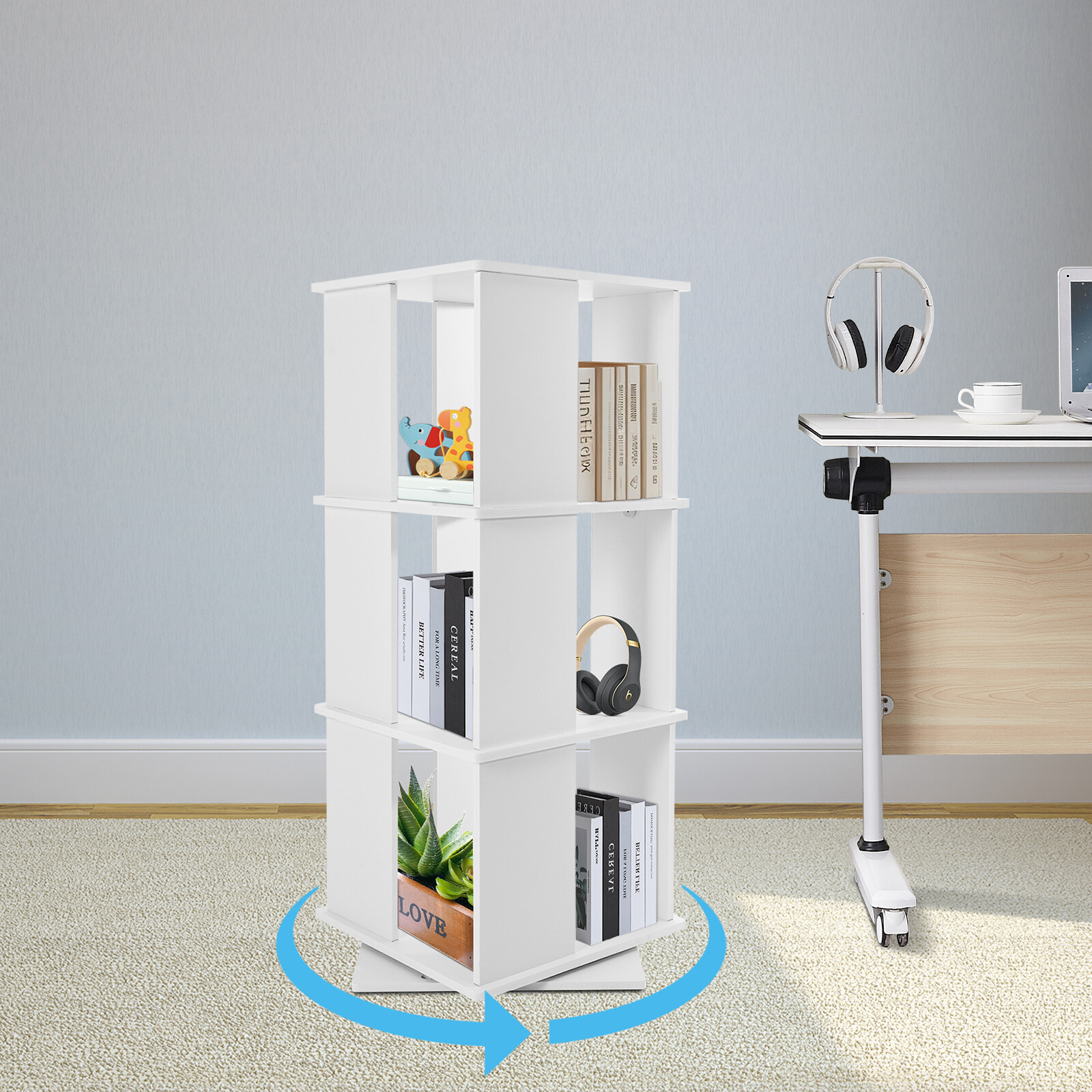 3 Tiers 360° Rotating Bookshelf Display Free Standing Wood Bookcase Storage Rack