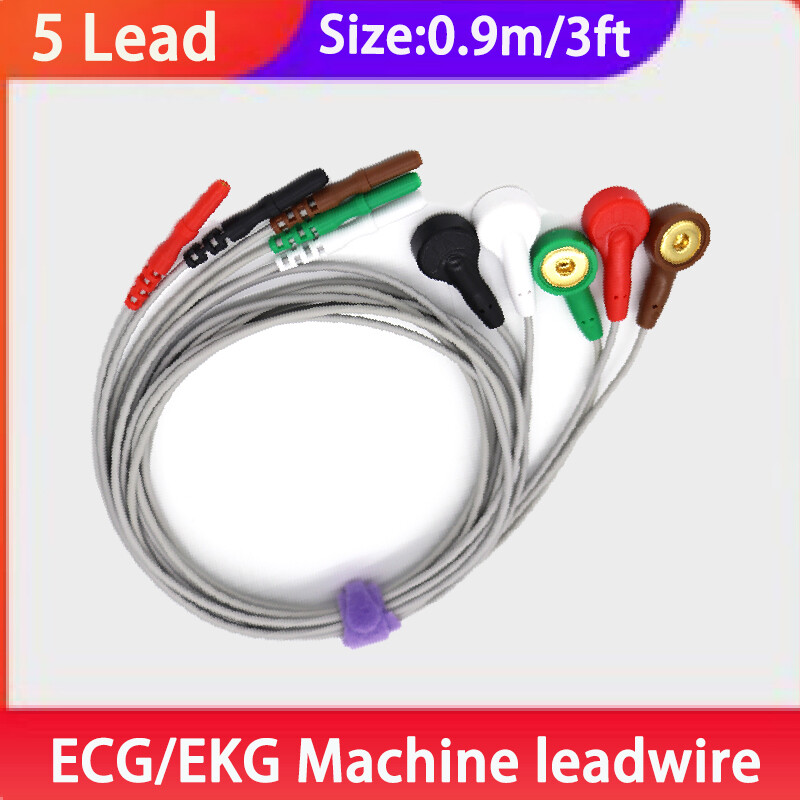ECG EKG leadwire Snap Holter Recorder ECG Monitor Din1.5mm TPU cable 5 Lead 3ft