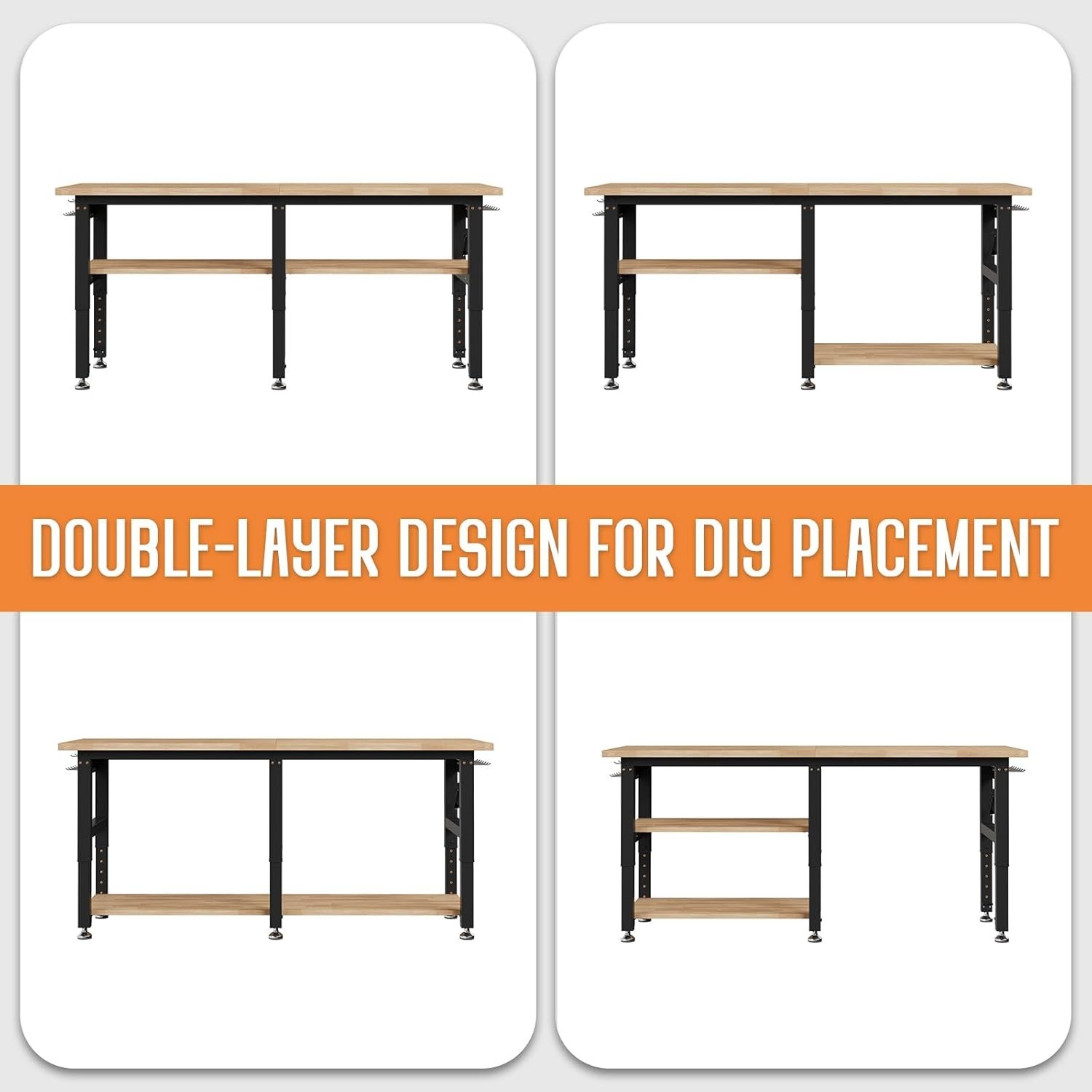 72" Adjustable 2-Tier Workbench with Solid Wood Top Max 6000lbs Capacity
