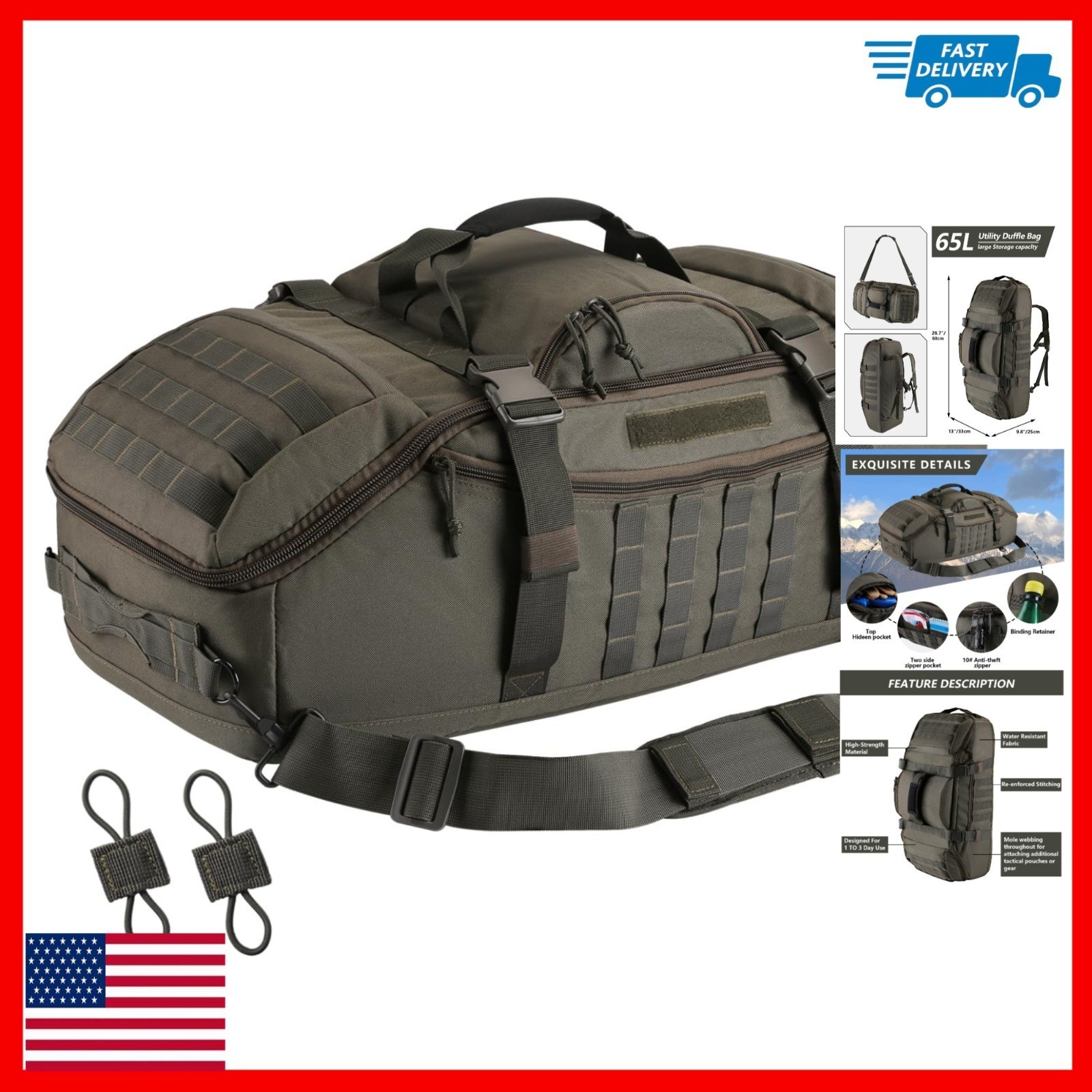 Hannibal Tactical 65L Duffle Bag 3-in-1 MOLLE Backpack Olive Green