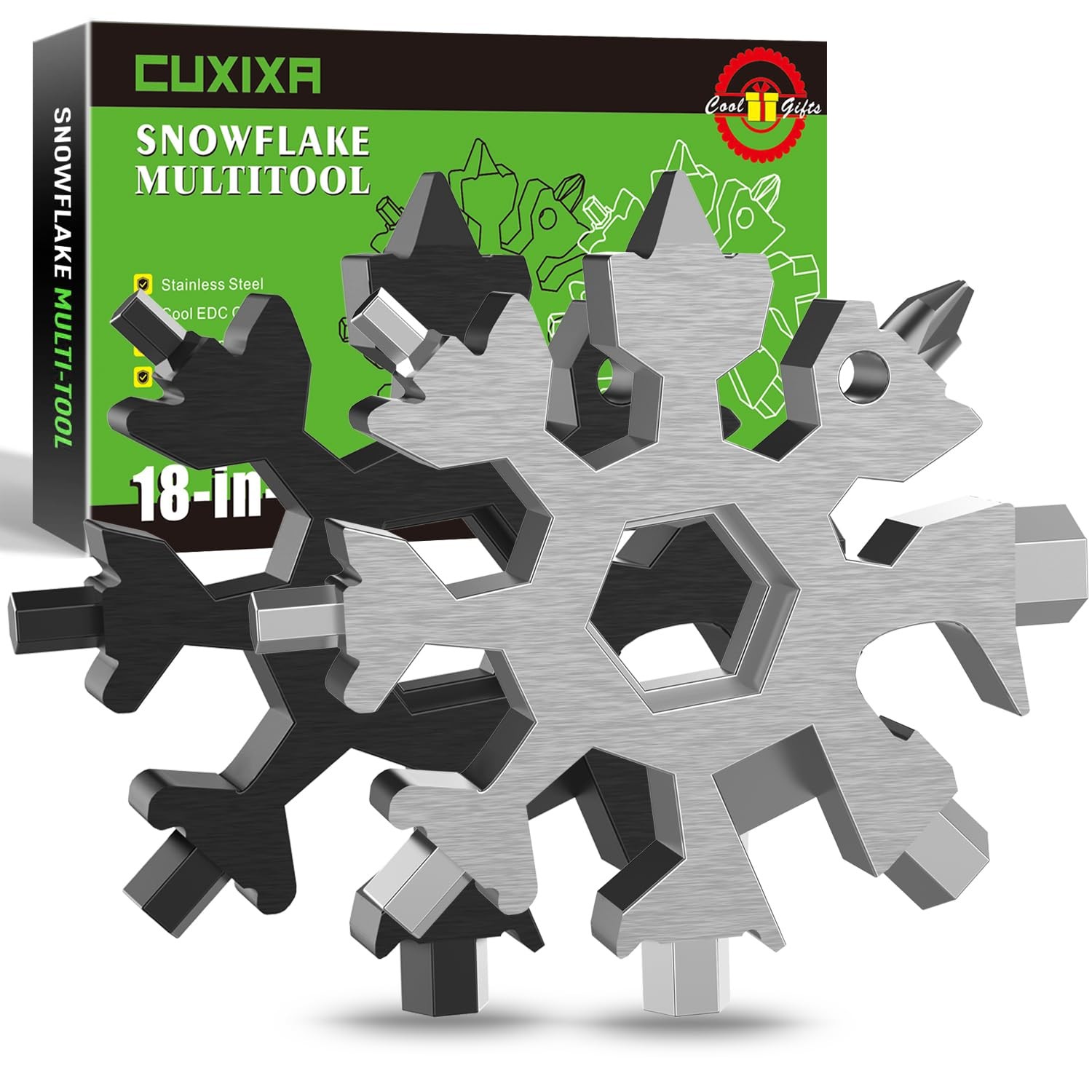 Stocking Stuffers for Men, Snowflake Multitool 2PCS 18 in 1 Silver+black