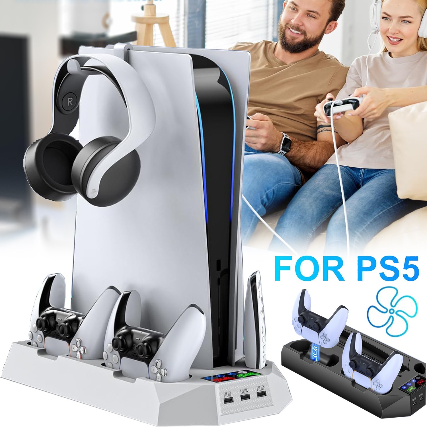 PS5 Slim Stand Cooling Fan,PS5 Controller Charging Station for Sony Playstation5