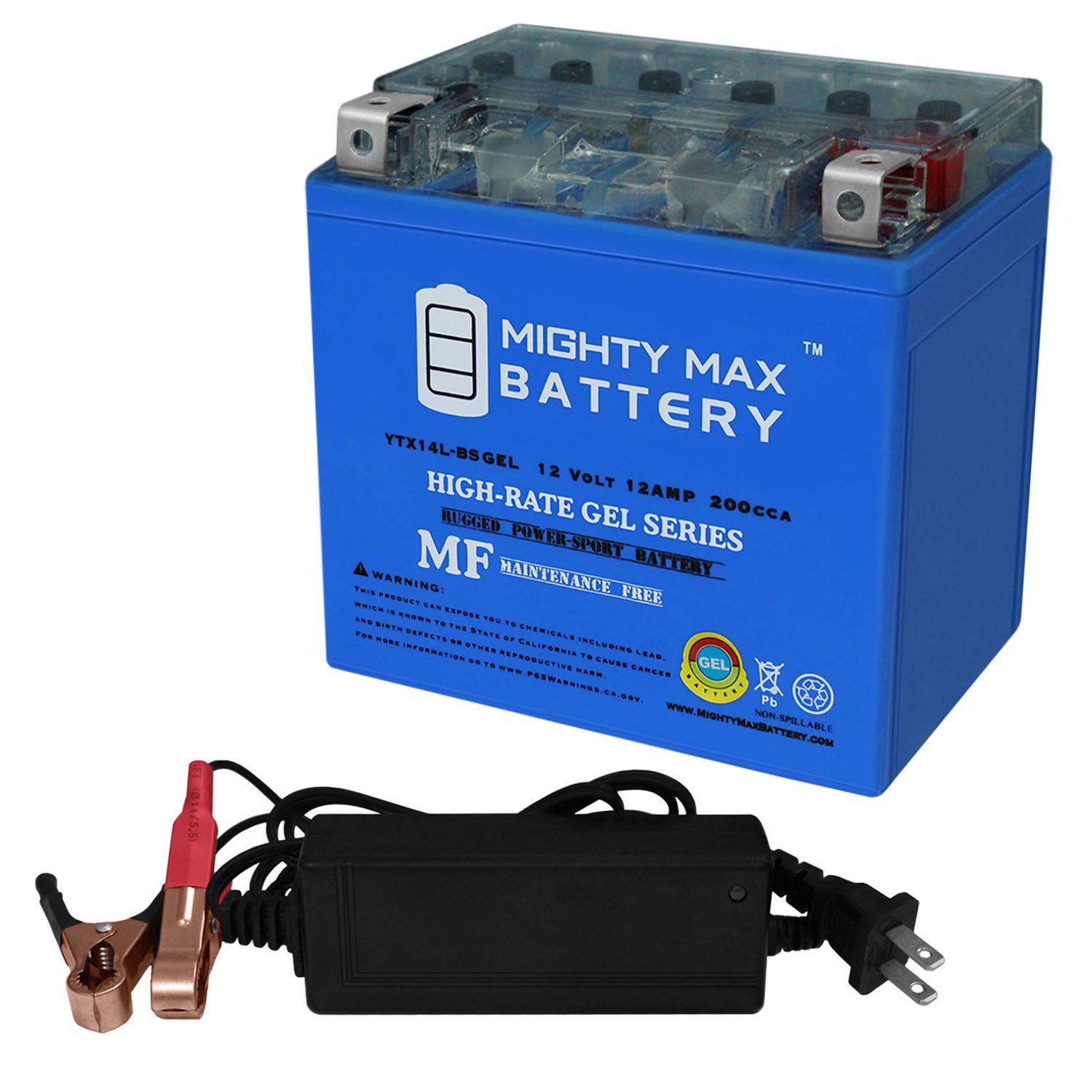 Mighty Max YTX14L-BS GEL Replaces BRP 600 Ryker (ACE) 19-22 + 12V 2Amp Charger