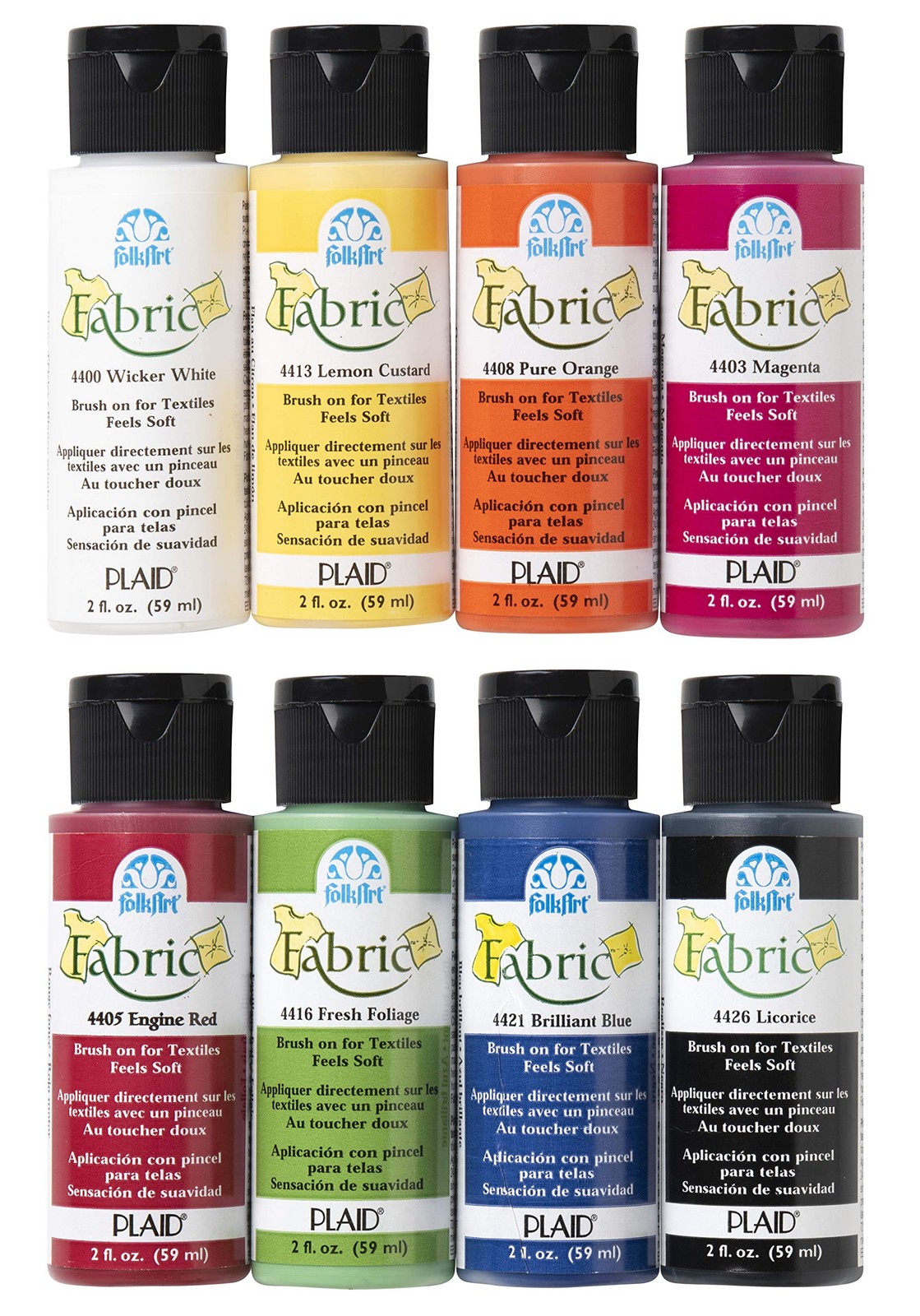 FolkArt Brush on Fabric Acrylic Paint 2 Fl Oz (Pack of 8), 8 Assorted Colors
