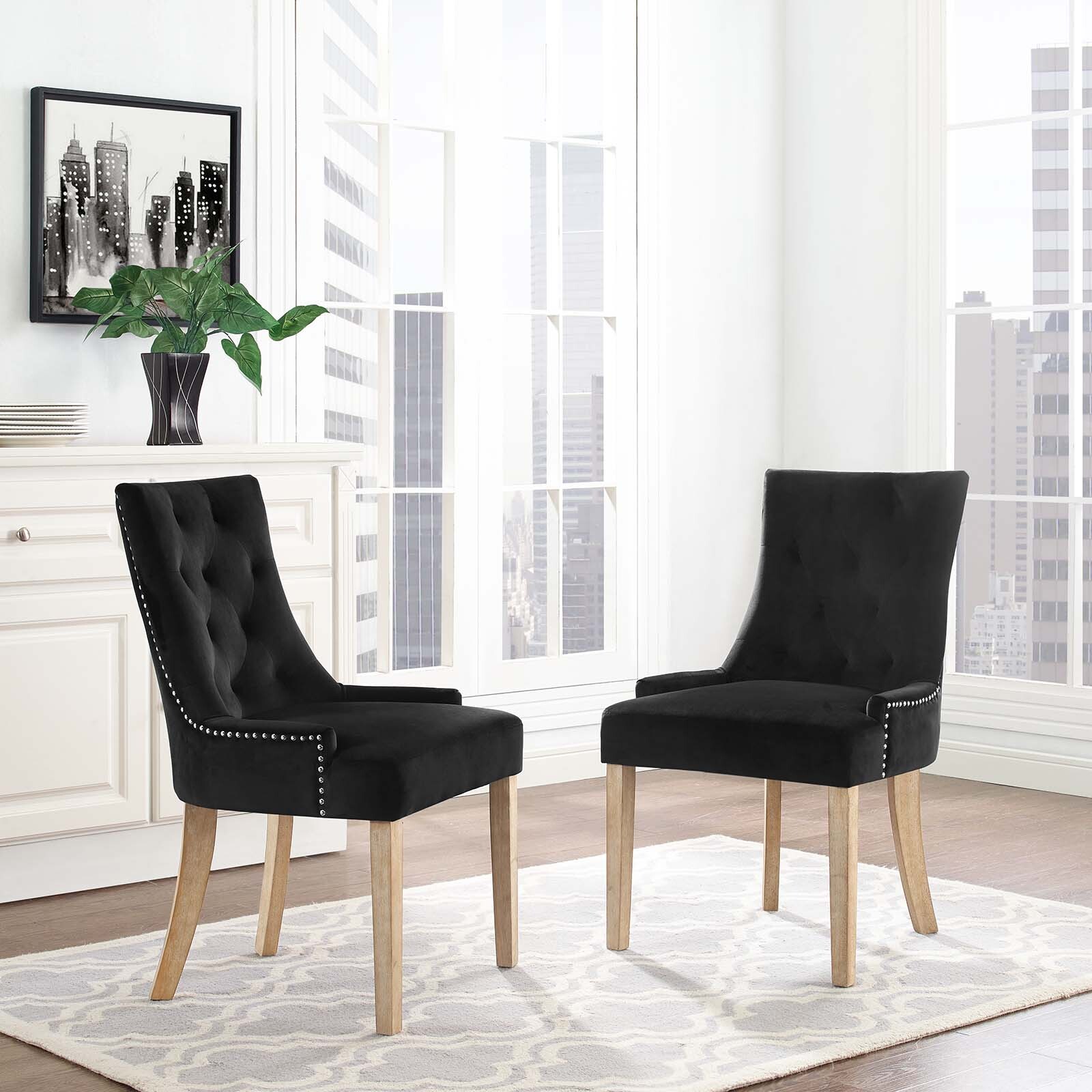 Modway Pose Dining Chair Performance Velvet Set of 2 in Black