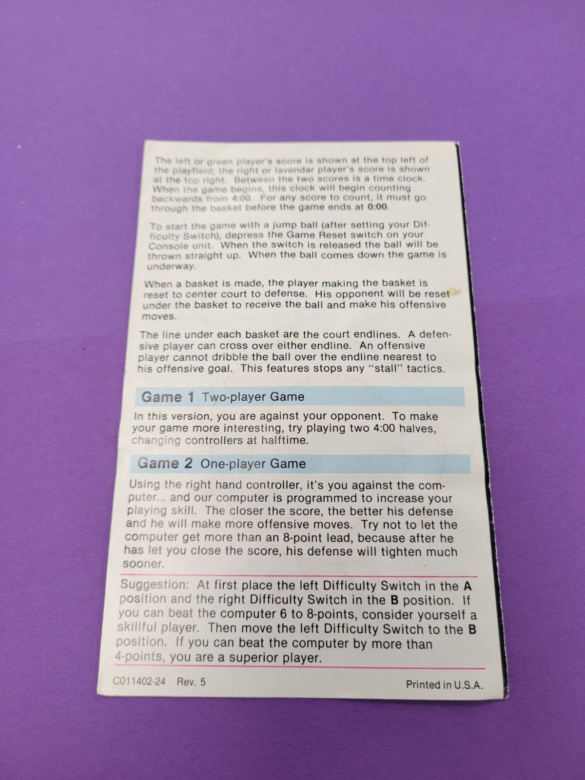 ATARI BASKETBALL VIDEO GAME ENGLISH INSTRUCTIONS BOOK
