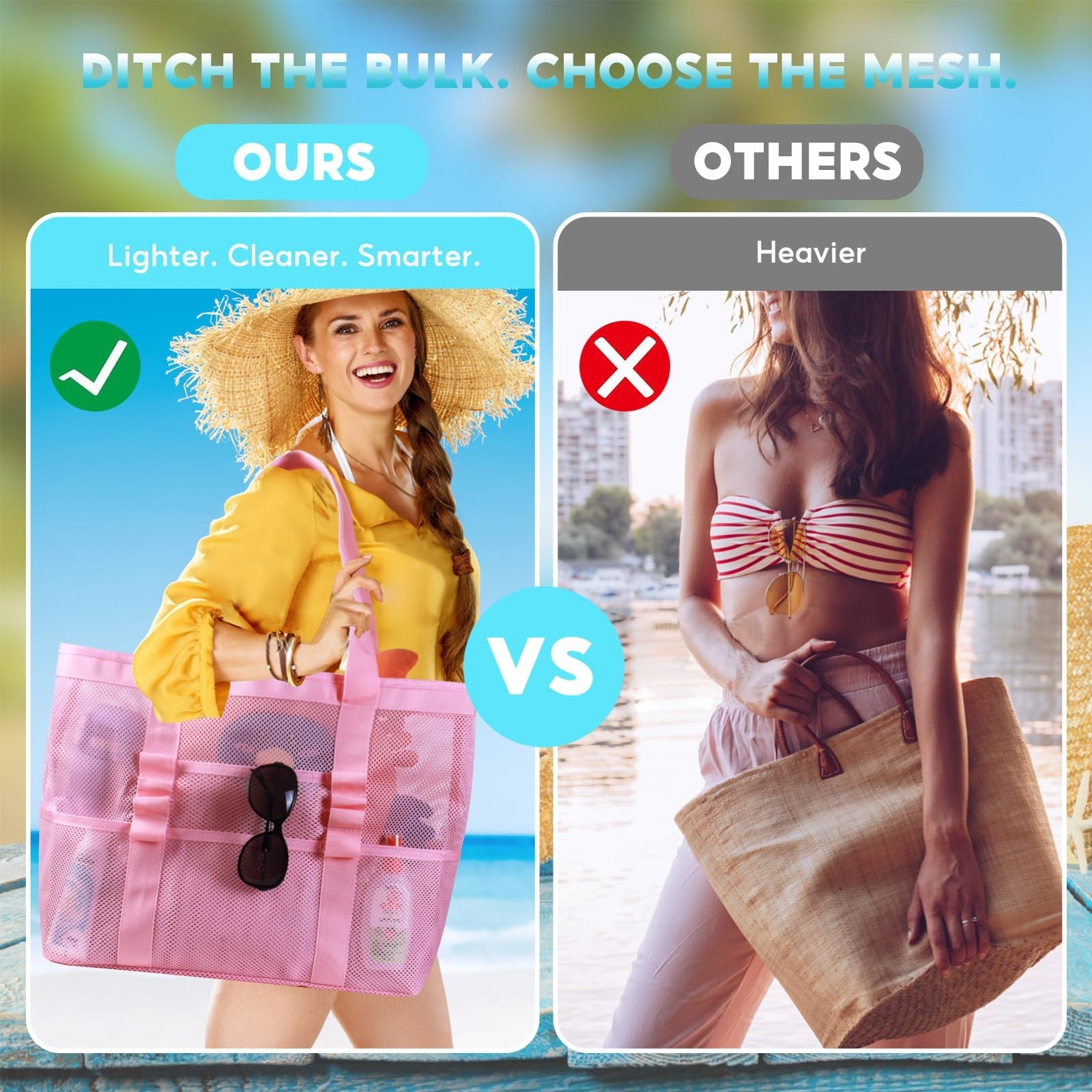 Large Mesh Beach Bag – Lightweight Beach Tote with 9 Pockets, Beach Bag fo