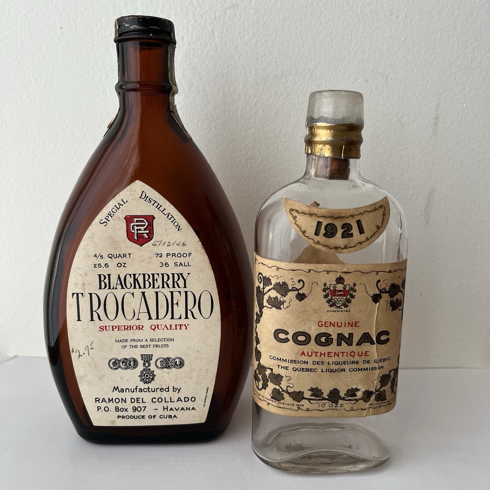 2 VINTAGE Liquor Bottles *EMPTY* Blackberry Trocadero 1946 / Cognac 1921 *RARE*