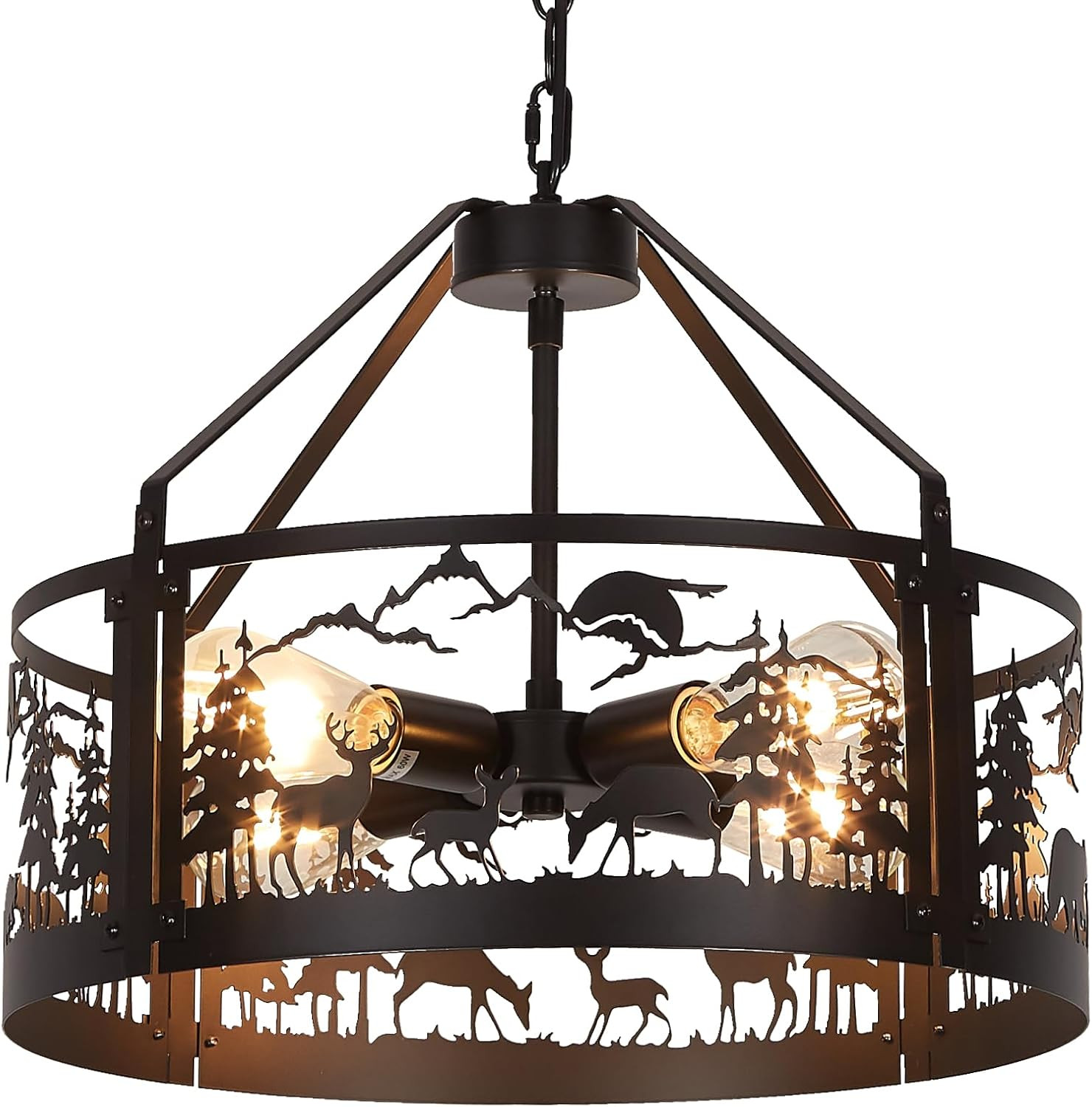 Rustic Farmhouse Chandelier with Bear and Deer Design, 4-Light Adjustable Ceilin