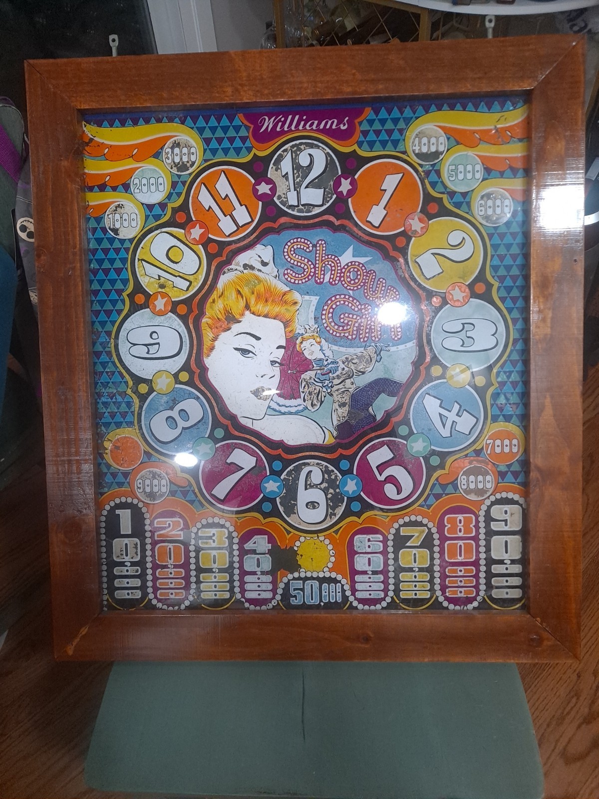 WILLIAMS, SHOW GIRL, Original Pinball Machine BACK GLASS, 1946, FRAMED