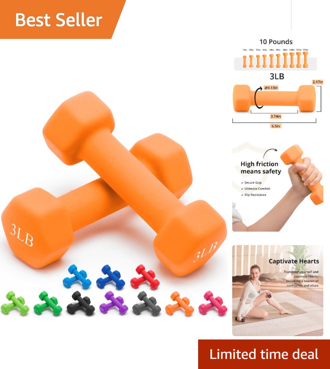 Stylish Neoprene Dumbbells Set of 2 (1-15 LB) in 10 Colors - Anti-Roll Design