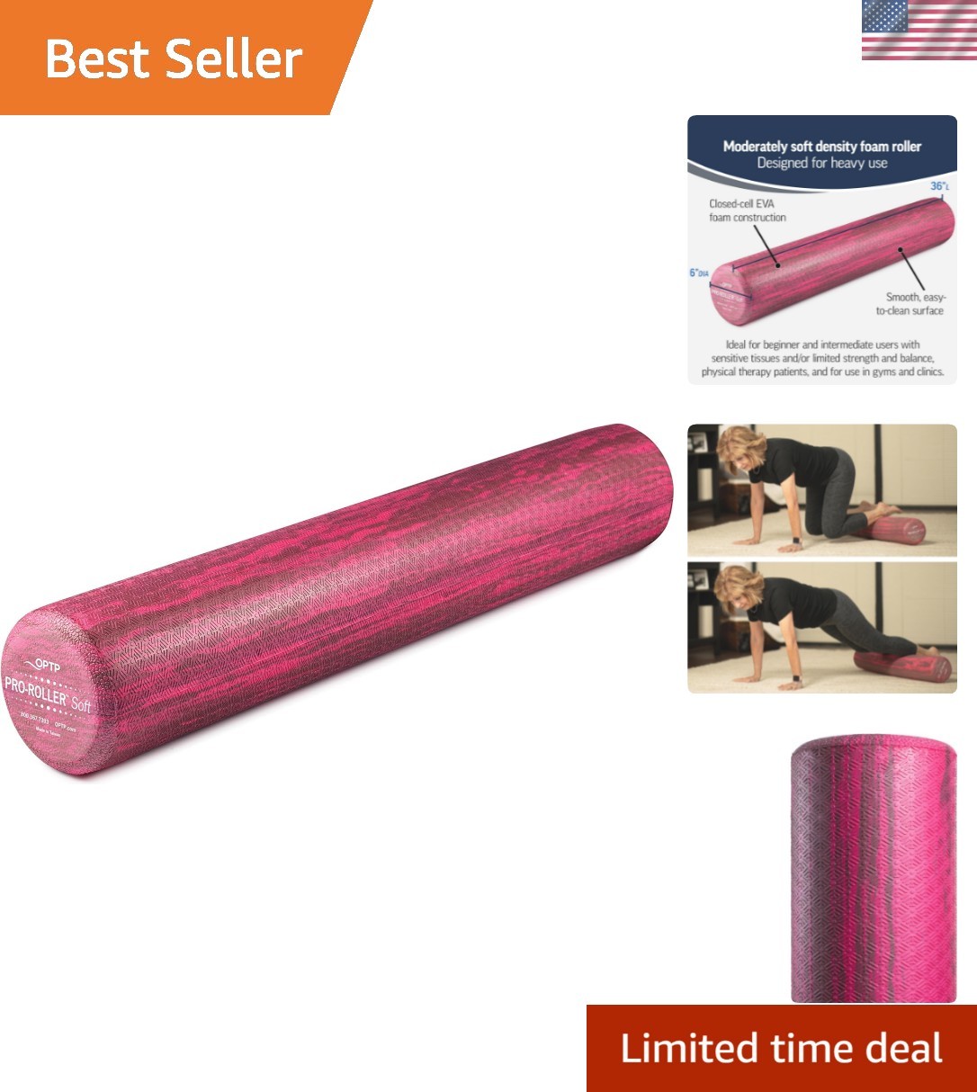 PRO-Roller Soft Density Foam Roller 36" x 6" - Pink for Muscle Recovery & Yoga