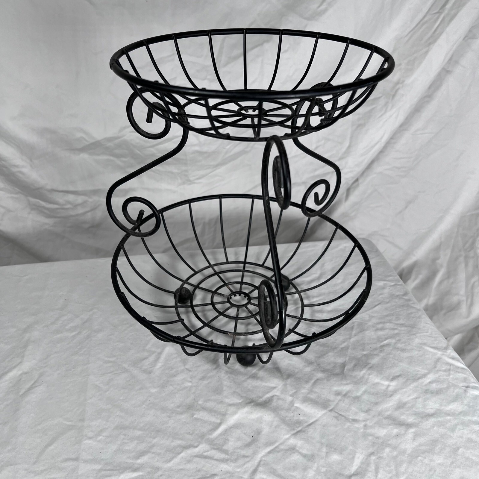 Black Metal Two-Tier Wire Fruit Basket Stand Scrollwork Countertop