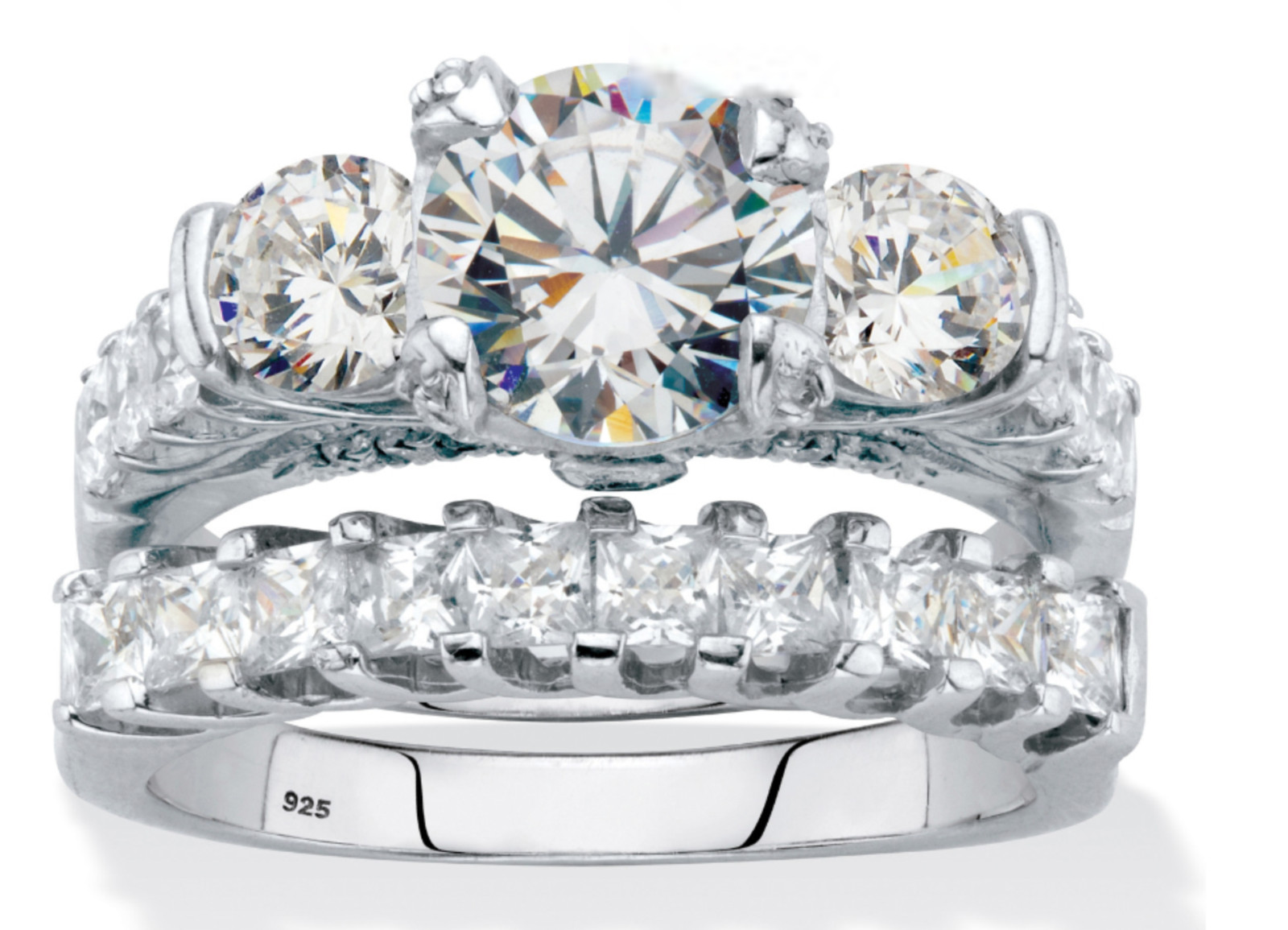 ROUND PRINCESS CZ 2 RING BRIDAL SET PLATINUM STERLING SILVER 6 7 8 9 10