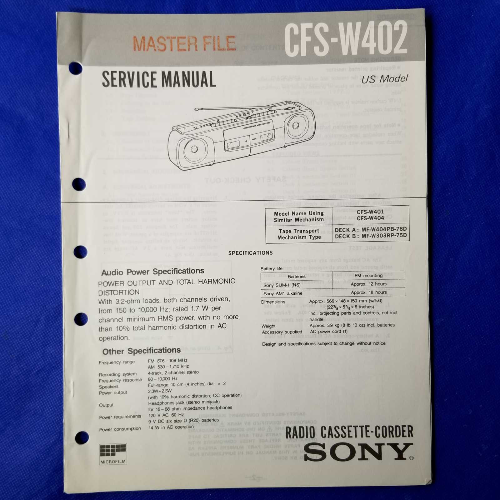 SONY CFS-W402 Service Manual Original Paper OEM Repair Guide - USA