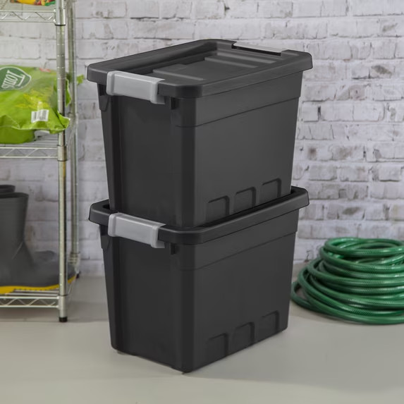7.5 Gallon Stackable Storage Tote w/ Latch Lid Black (6-Pack)