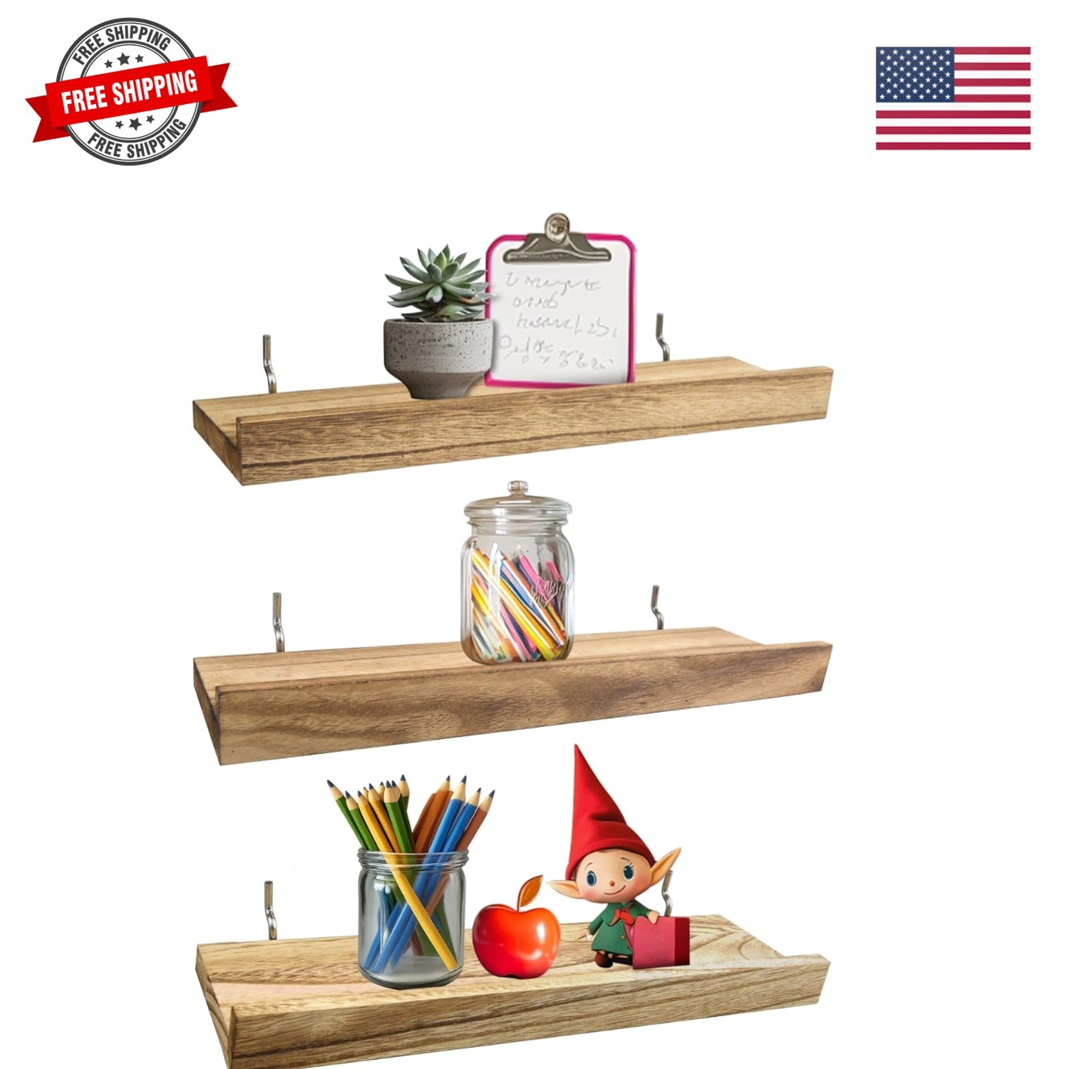 Wood Pegboard Shelves with Lip, 14" x 4" Peg Board Racks 3Pack Wall Organizer...