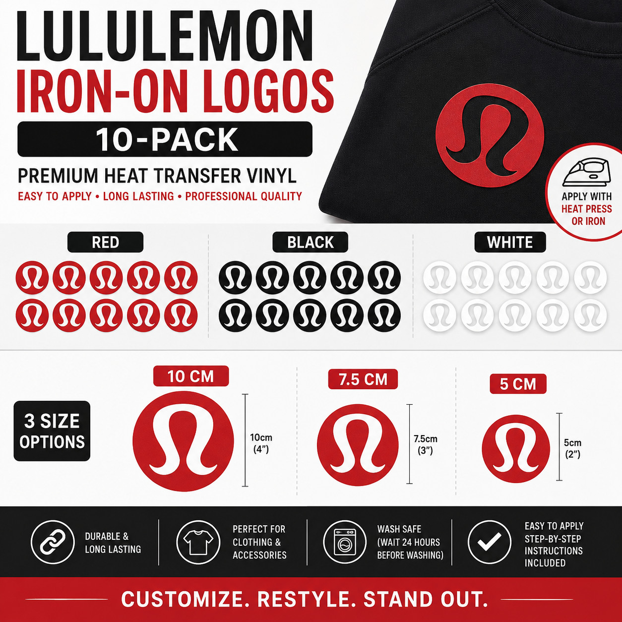 10x Lululemon Iron-On Heat Transfer Vinyl Logos HTV Red Black White 5-10cm