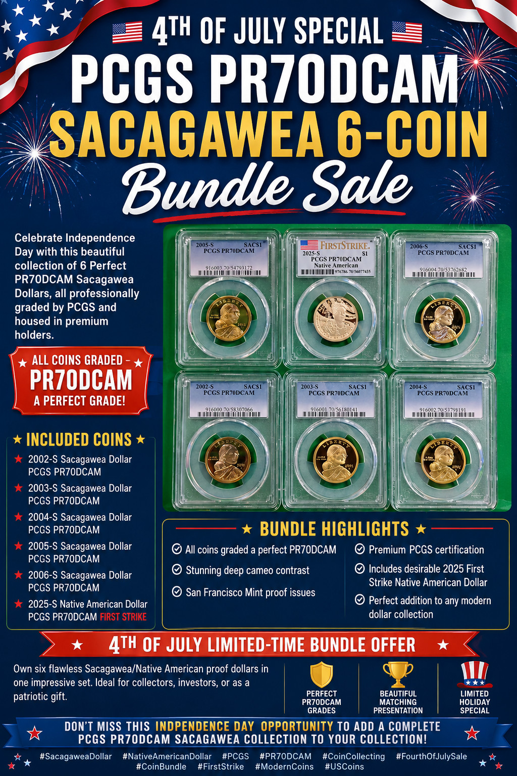 2002-2006 S $1 Sacagawea Dollar PCGS PR70DCAM W / Bonus 2025 First Stike