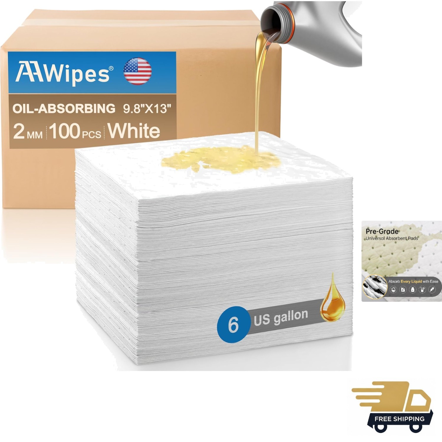 Oil Spill Absorbent Pads 9.8" x 13" - 100 Pack for Garage & Workshop Cleanup